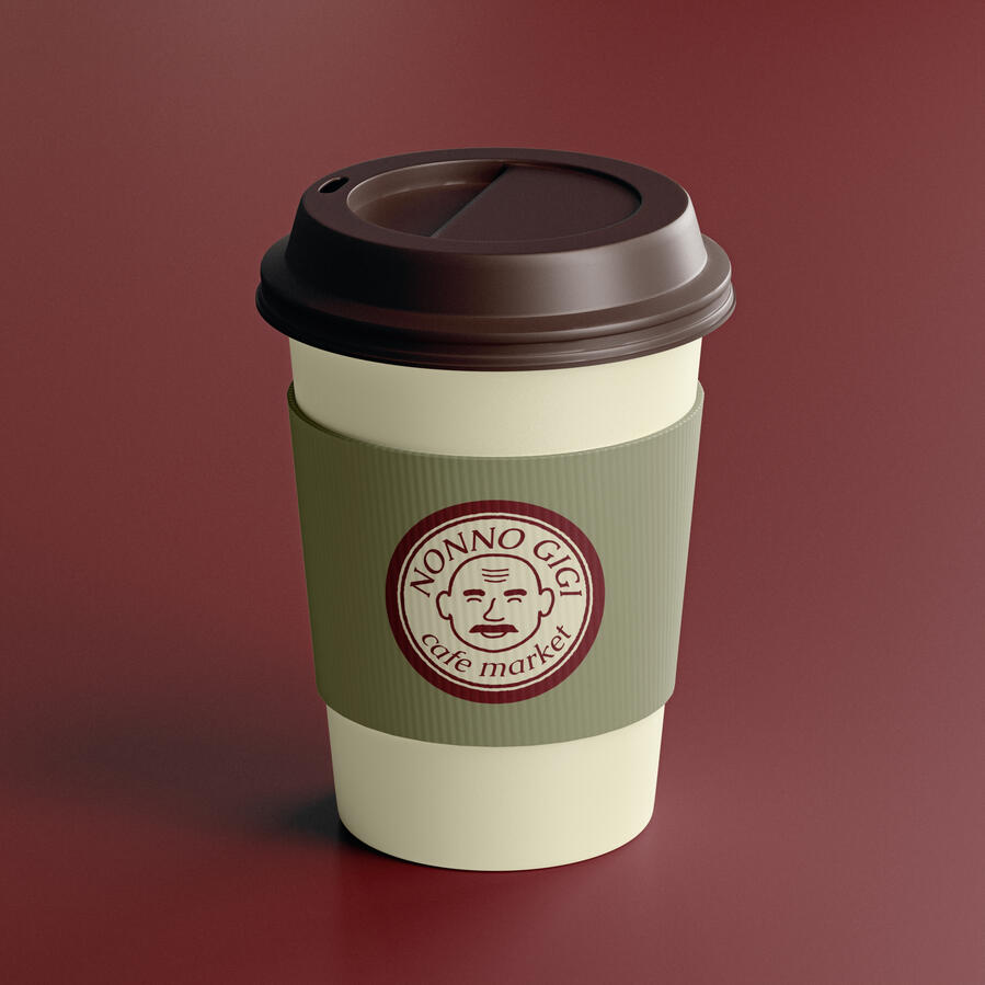 Nonno Gigi Coffee Cup Mockup of a cream coloured coffee cup and a green sleeve with the Nonno Gigi logo.