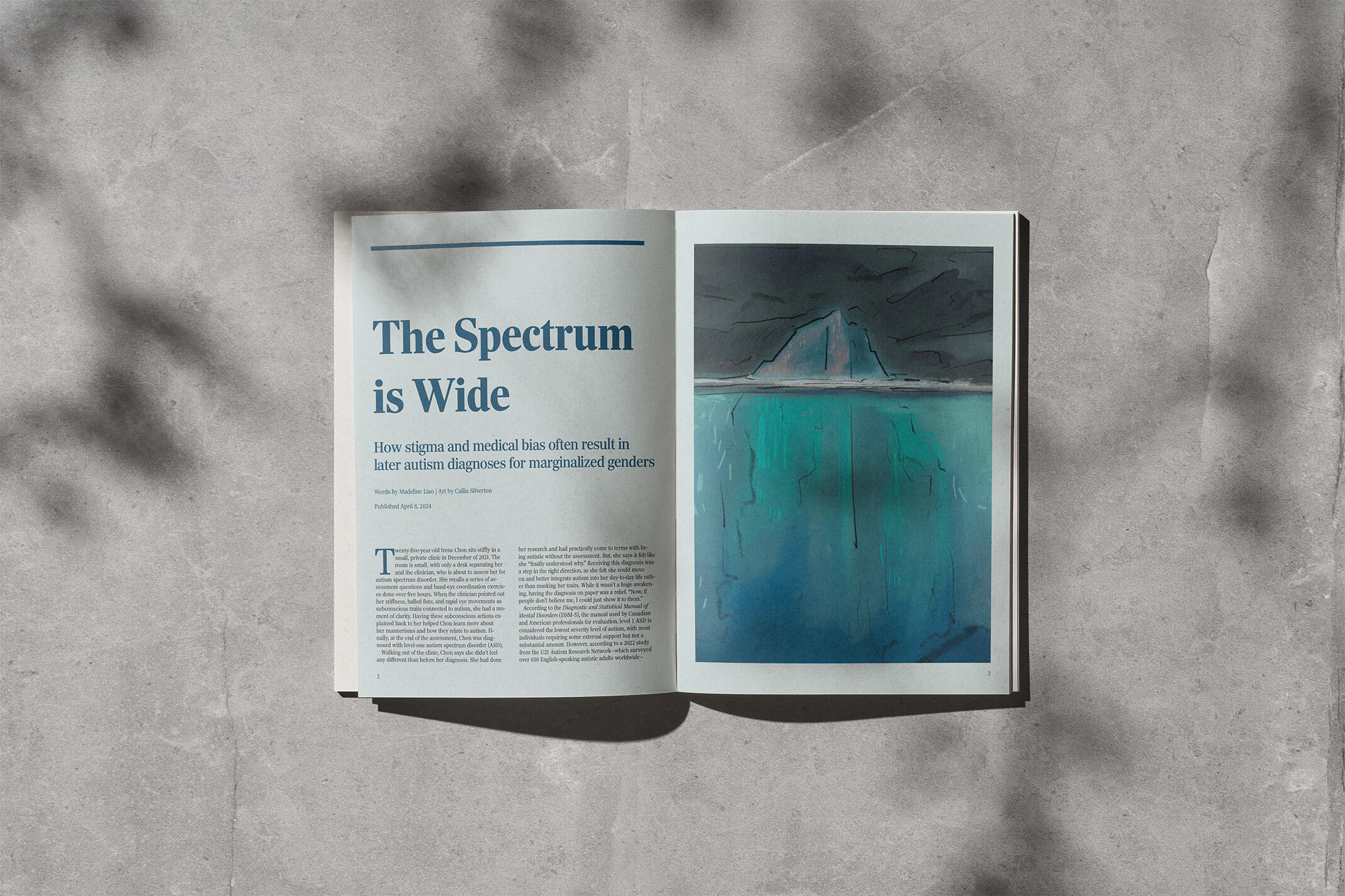 A magazine layout with a light blue background and an illustration of an iceberg. Headline reads: The spectrum is Wide.