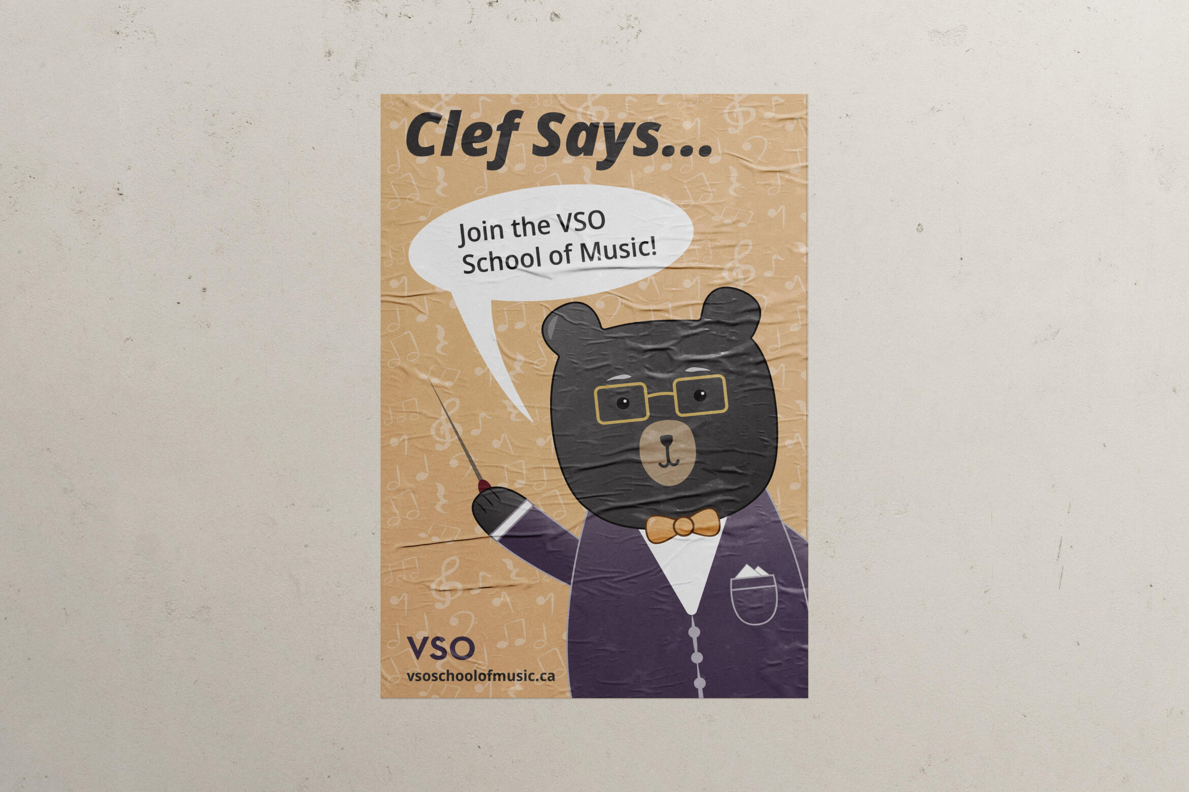Editorial Layout & Typesetting A poster advertising the Vancouver Symphony Orchestra's School of Music. An illustration of a black bear wearing a purple suit and gold glasses, holding a conductor's wand is saying "Join the VSO School of Music!"