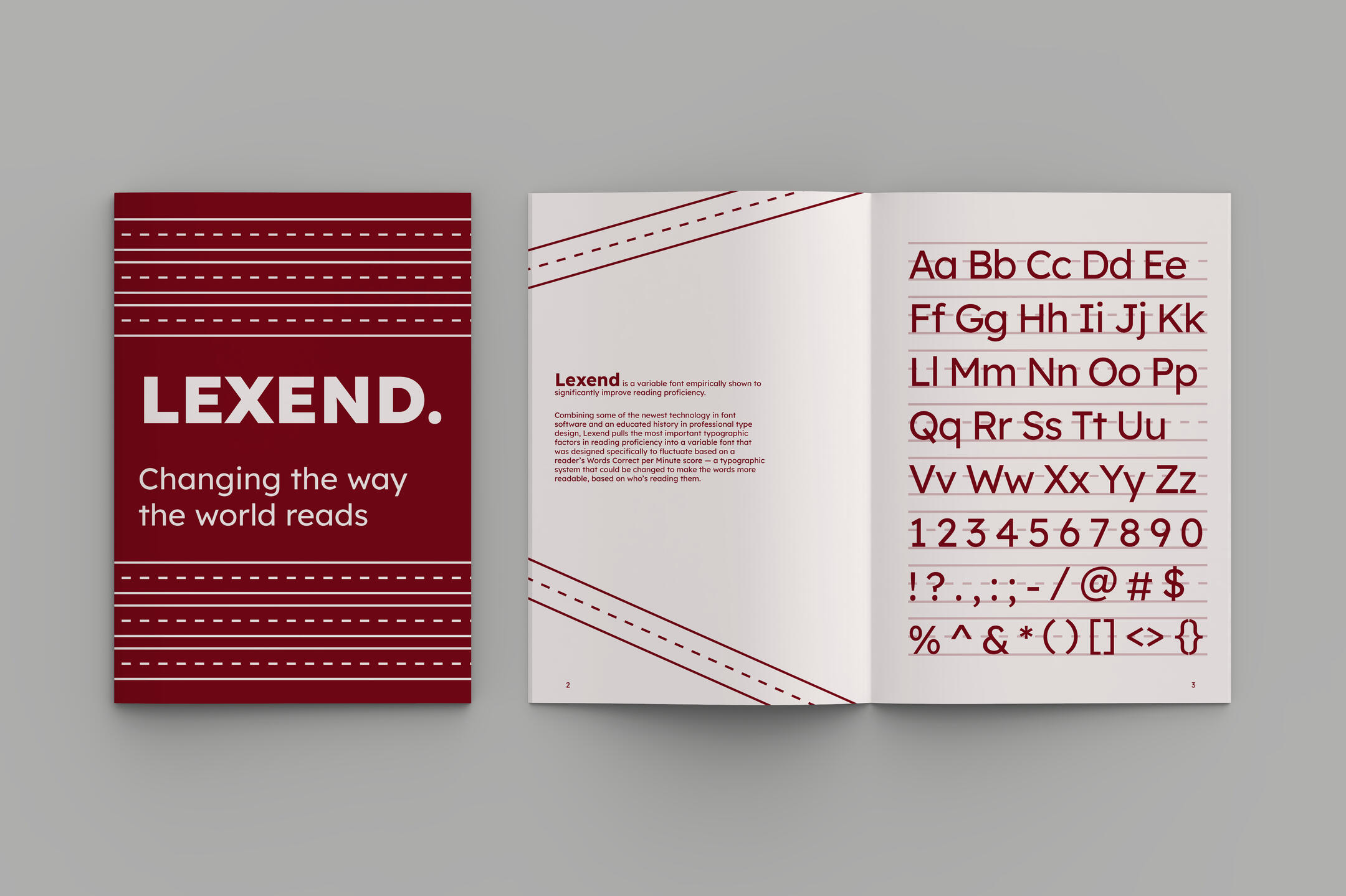 A mockup of a type specimen book cover for the typeface Lexend. A red background with horizontal white lines like a writing sheet. (Lexend. Changing the way the world reads.)